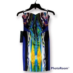 NWT Bebe Strapless Mini Dress Abstract Graphic Royal Blue XS